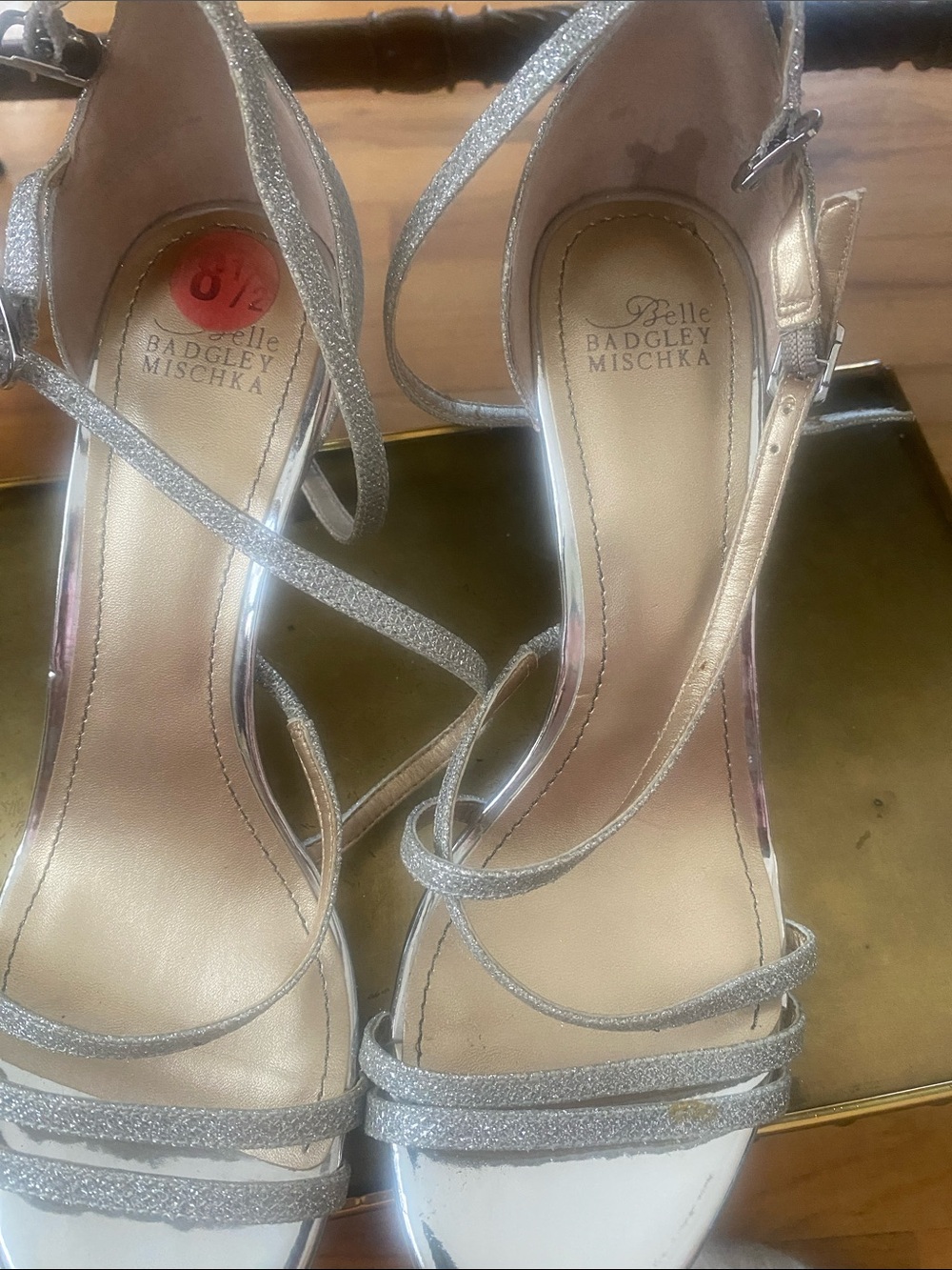 Badgley Mischka Silver Glitter Strappy Heels